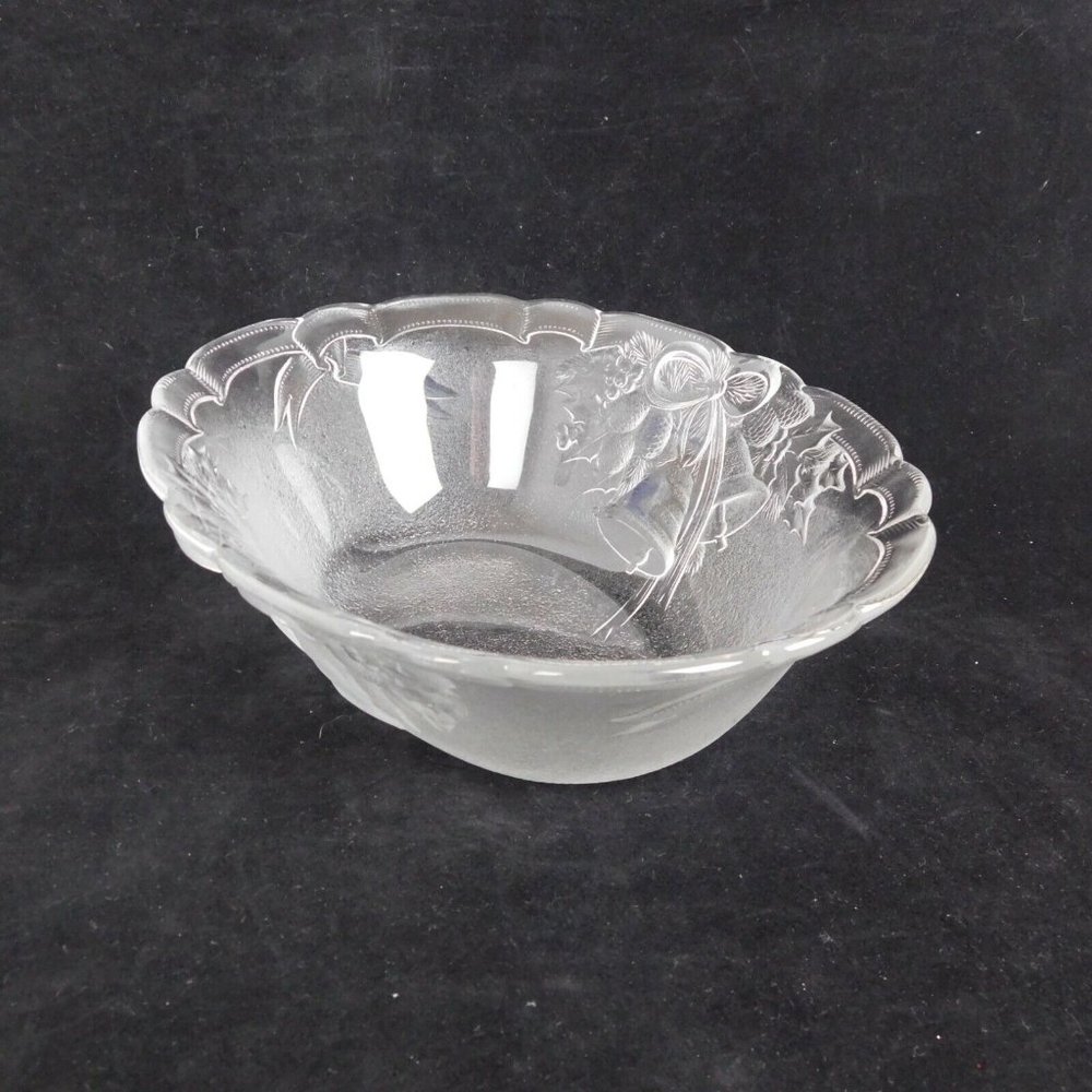 Mikasa Serving Bowl Festive Bells Embossed Oval Frosted Glass Scrolled Edge - Picture 3 of 8